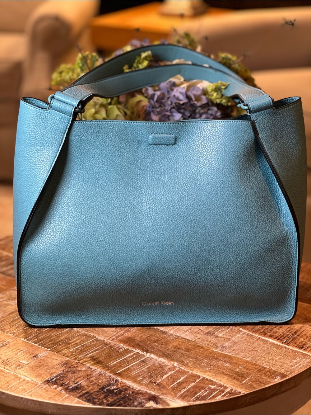 Calvin Klein Teal Pebbled Leather Shoulder Tote